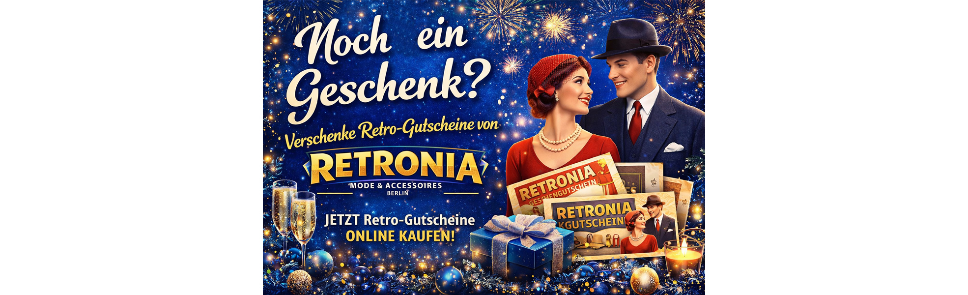 Retronia Gutschein-Banner: Vintage-Paar vor Silvester-Geschenkdeko, Geschenkgutscheine mit Text „Noch ein Geschenk?“
